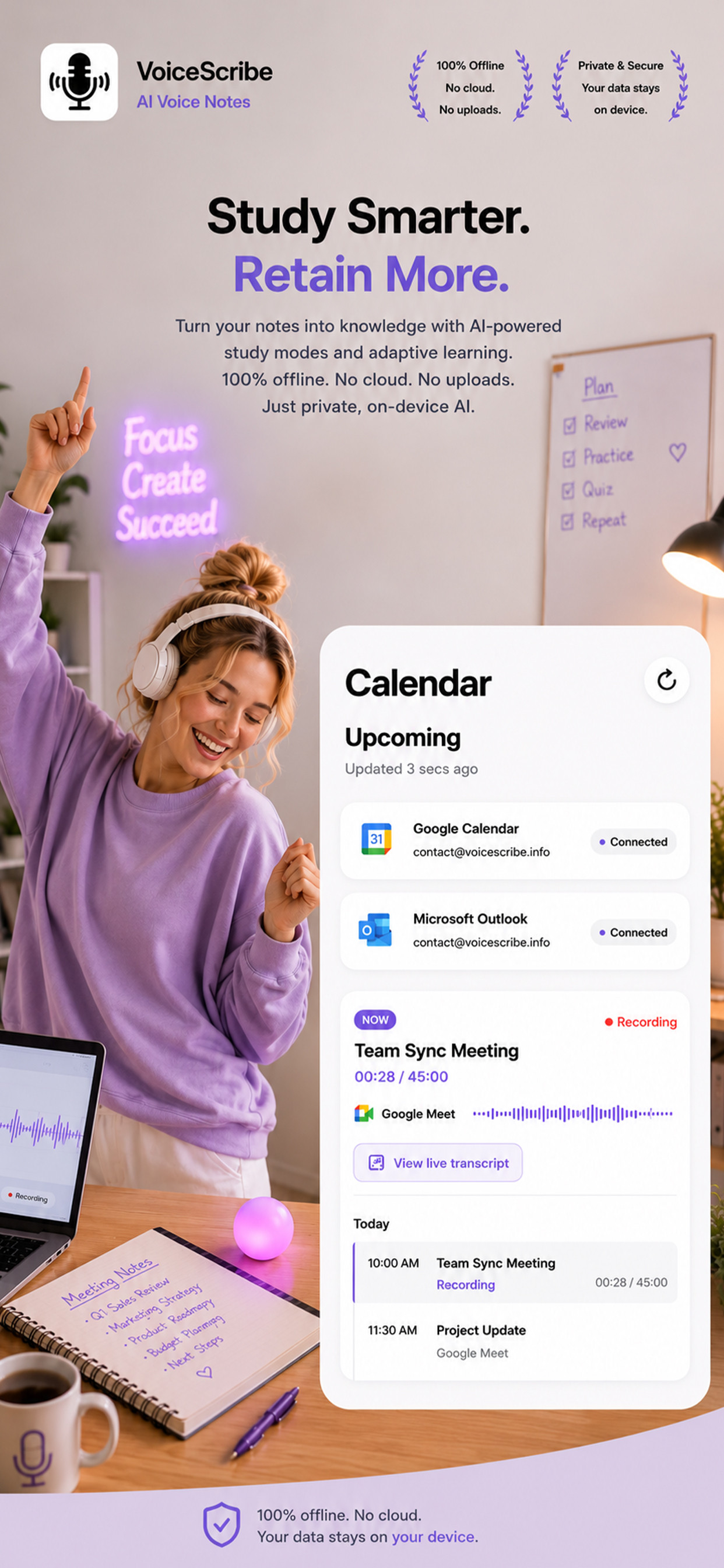 VoiceScribe calendar integration with connected Google Calendar and Microsoft Outlook accounts