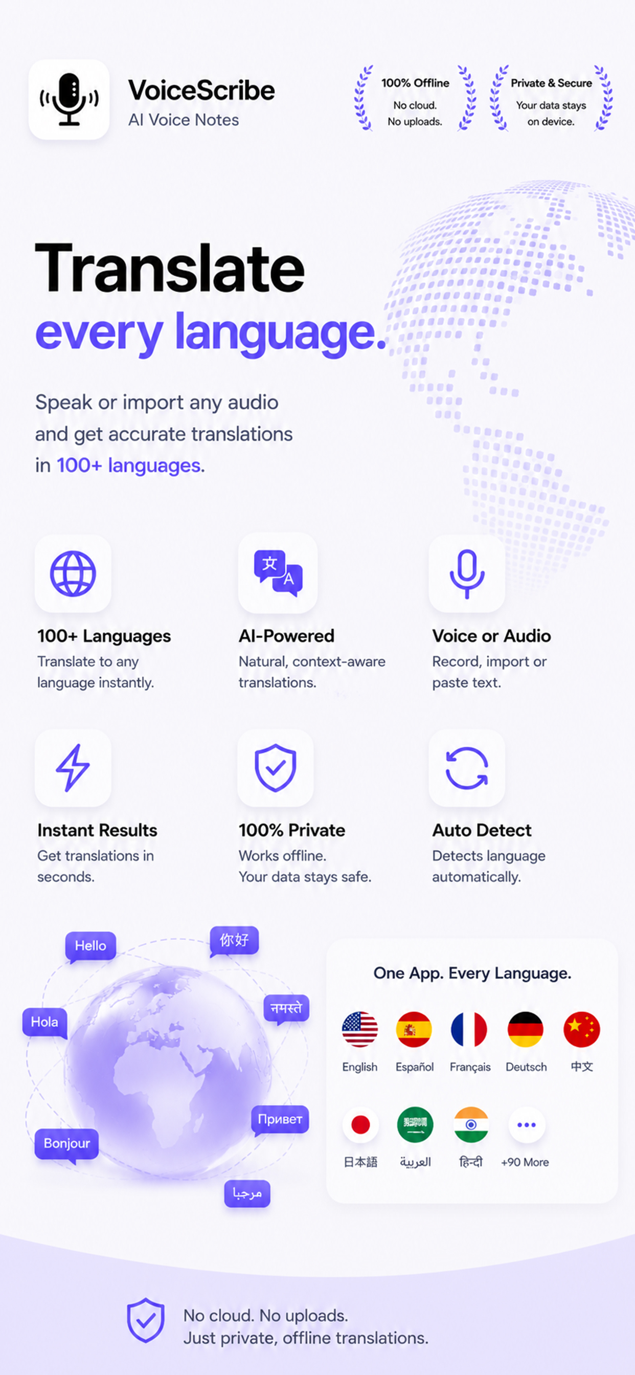 VoiceScribe translation feature supporting 100+ languages with auto language detection