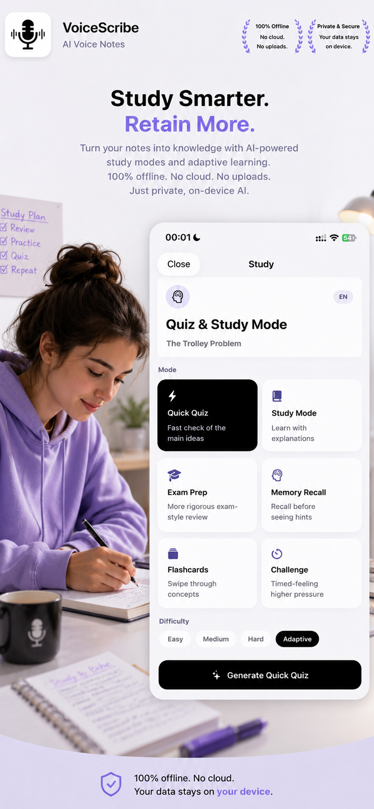 VoiceScribe Quiz and Study Mode with Quick Quiz, Exam Prep, Flashcards and adaptive difficulty